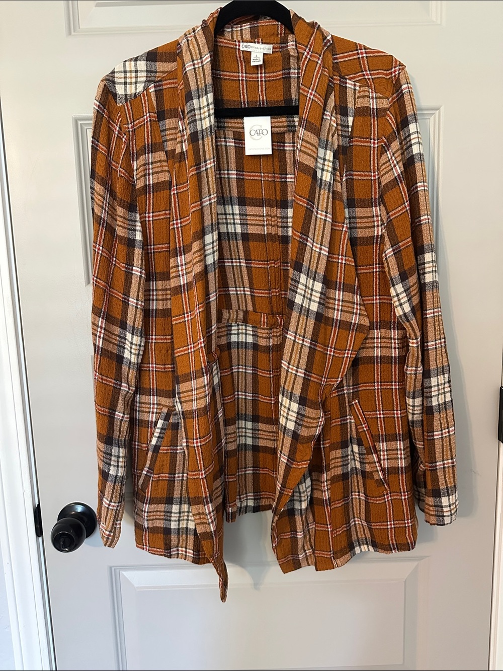 Cato Rust and Cream Plaid Open-Front Shacket Jacket Cardigan Blazer NWT Sz L